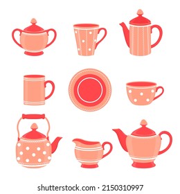 Coffee set or tea set.Tea accessories in the kitchen. Vector cartoon illustration