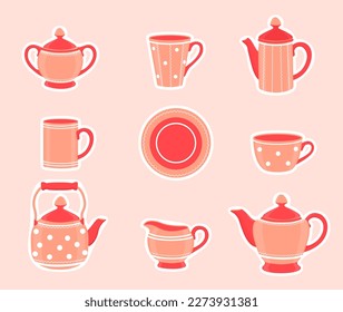 Coffee set or tea set.Tea accessories in the kitchen. Vector cartoon illustration