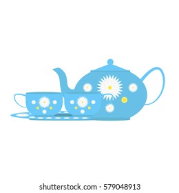 coffee set or tea set decorated with flowers, cups, kettle and large plate isolated on white background
