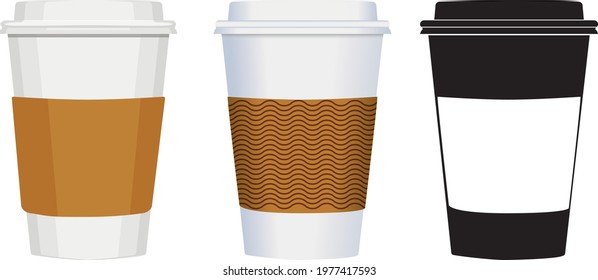 Coffee set of three plastic coffee cups with stand. Colored and black and white coffee cups. Flat style vector illustration.
