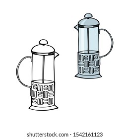 Coffee Set with traditional coffee pots. Colorful  and black and white vector illustration. Isolated on white. Vintage collection