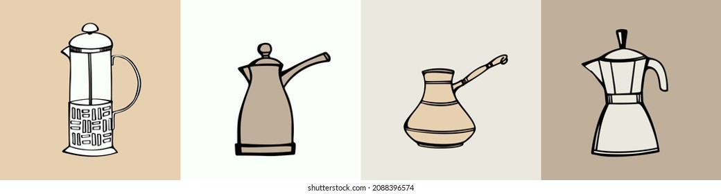 Coffee Set with traditional coffee pots.
Hand drawn sketch style. Colorful  vector illustration. Isolated on white. Vintage collection in coffee colors.