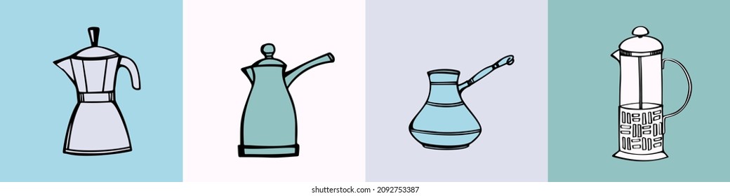 Coffee Set with traditional coffee pots.
Hand drawn sketch style. Colorful  vector illustration. Isolated on white. Vintage collection in coffee colors.
