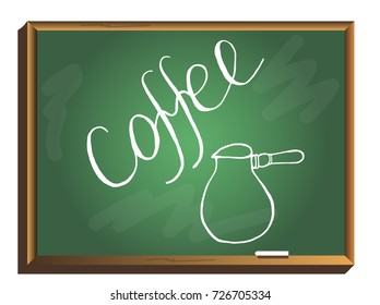 Coffee set. Turk with hot coffee on chalkboard. vector illustration.