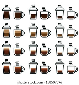 Coffee set types menu in vector icons