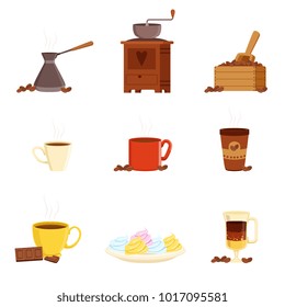 Coffee set, various kitchen utensils for making coffee and food ingredients vector Illustrations