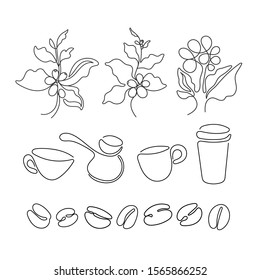 Coffee set. Vector art sign. Black art sketch of leaf, natural bean, cup, cezve on white background. Simply graphic silhouette. Aroma drink. One line drawing symbol