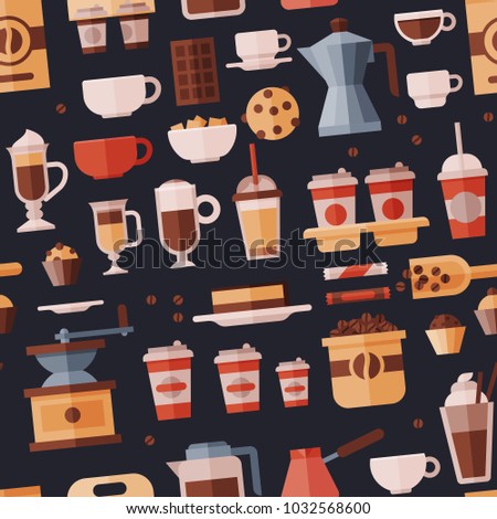 Coffee set vector coffeemachine with coffeecups for hot espresso or cappuccino and beverages with caffeine in plastic cups takeaway in coffeeshop illustration seamless pattern background