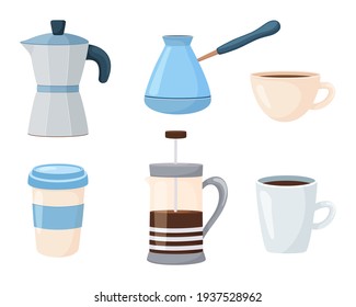 Coffee set. Vector collection of elements for coffee. Coffee maker, French press, cezve, cartoon style mug. Isolated on white background
