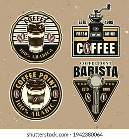 Coffee set of vector colorful emblems, badges, labels or logos on background with removable textures