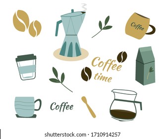 Coffee set vector. Eps10 vector illustration. Cups. Vegetable milk, Geyser coffee maker, Leaves element, Reusable cup, Pot Spoon