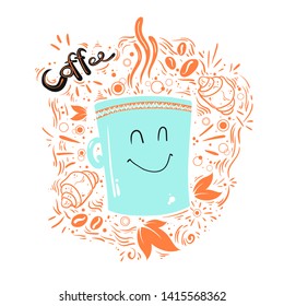 Coffee set vector handdrawn illustration. Doodle style. Coffee mug, coffee beans, croissants and leaves. The morning sun slipart