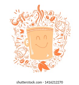Coffee set vector handdrawn illustration. Doodle style. Coffee mug, coffee beans, croissants and leaves. The morning sun slipart