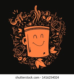 Coffee set vector handdrawn illustration. Doodle style. Coffee mug, coffee beans, croissants and leaves. The morning sun slipart