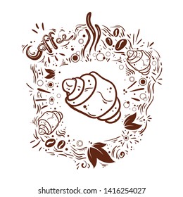 Coffee set vector handdrawn illustration. Doodle style. Coffee mug, coffee beans, croissants and leaves. The morning sun slipart