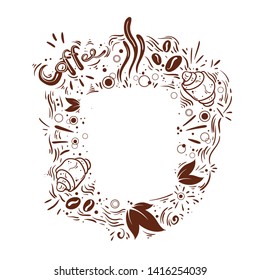 Coffee set vector handdrawn illustration. Doodle style. Coffee mug, coffee beans, croissants and leaves. The morning sun slipart