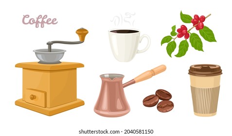 Coffee set. Vector illustration of Antique coffee grinder, Turkish coffee pot or Cezve, Takeaway paper cup, plant and coffee beans. Cartoon flat style.