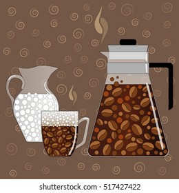 Coffee set. Vector illustration consisting of coffee pot, cups of cappuccino and a jug of milk.
