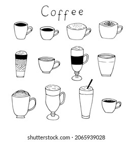 Coffee set vector illustration, hand drawing doodle