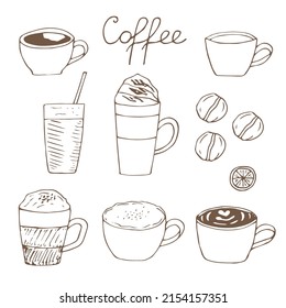 Ilustración vectorial del conjunto de café, garrapatas de dibujo manual