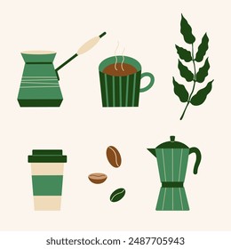 Coffee set vector illustrations in flat design style. Alternative coffee brewing methods and tools. Hand drawn design elements for label cafe project, coffee bean packaging, branding, wrapping, icon