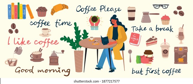Kaffeesets, Vektorgrafiken. Die Leute verbringen ihre Zeit in der Cafeteria, im Cappuccino, in Latte, im Espresso und in den Desserts im Flachstil