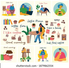 Coffee set vector illustrations. People spend their time in the cafeteria, drinking cappuccino, latte, espresso and eating desserts in the flat style