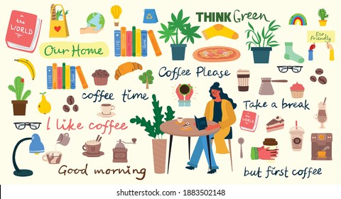 Coffee set vector illustrations. People spend their time in the cafeteria, drinking cappuccino, latte, espresso and eating desserts in the flat style