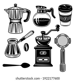 Coffee set of vector objects and elements in monochrome vintage style isolated on white background