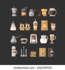 Coffee set of vector objects. Ready for restaraunt or cafe and for food design. Coffee various items in flat style.