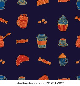 Coffee set, vector seamless pattern. Cute background. Hand drawn illustration.