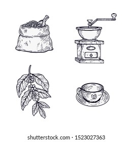 coffee set vintage outline vector, coffee vector, editable and detailed