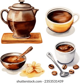 Coffee set watercolor illustration for World coffee day