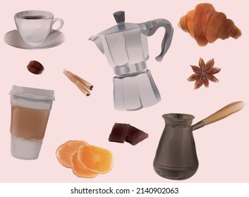Coffee set in a watercolor style. Coffee objects on light pink background for cards and banners. All objects are isolated. Includes coffee, chocolate, zest, cinnamon, coffee pot, croissant
