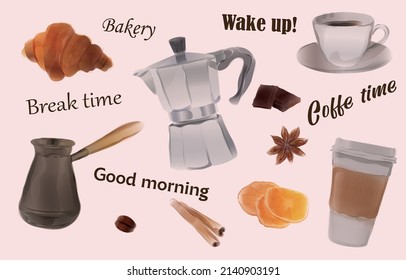 Coffee set in a watercolor style. Coffee objects on light pink background for cards and banners. All objects are isolated. Includes coffee, chocolate, zest, cinnamon, coffee pot, croissant