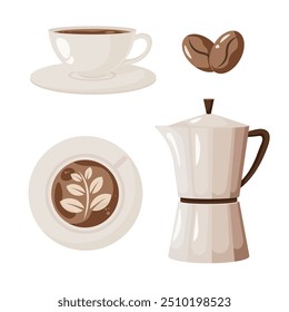 Coffee set with white cup, coffee beans and coffee pot. Art on the foam. Vector illustration. Clip art for coffee shop. Beverages, drinks, hot chocolate. 