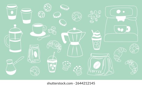 Coffee set with white outline on green background