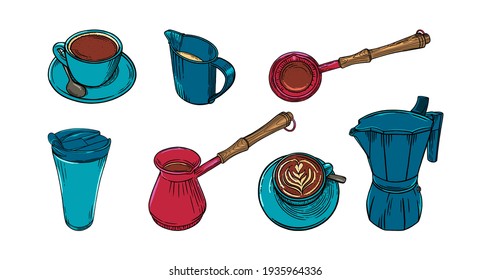 Coffee set wuth cups, pots and creamer. Big colored set of coffee accessoiries for cappuccino or americano brewing. Vector illustration