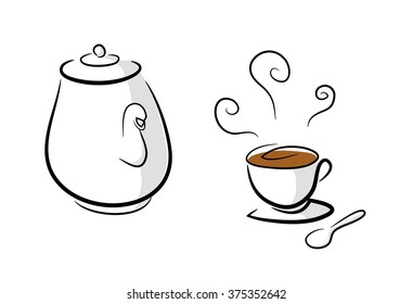 Coffee Set/Tea Set, a hand drawn vector illustration of a coffee/tea set, all objects are on their own separate groups including the color of the coffee/tea for easy editing.