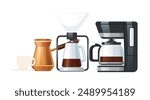 Coffee setup with a cezve, a pour-over coffee maker, a drip coffee maker, and a white coffee cup on a saucer. Vector illustration isolated on white background