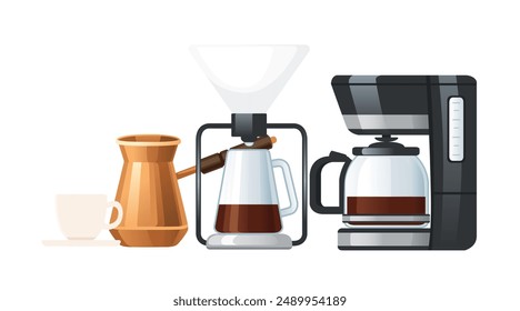 Coffee setup with a cezve, a pour-over coffee maker, a drip coffee maker, and a white coffee cup on a saucer. Vector illustration isolated on white background