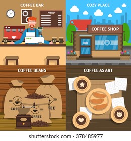 Coffee shop 4 flat icons square composition conceptual poster at cozy art design cafe abstract isolated illustration vector