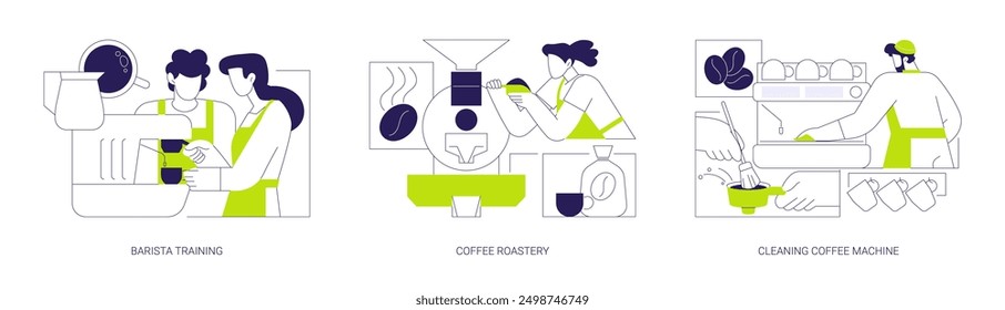 Coffee shop abstract concept vector illustration set. Barista training, beans roastery, cleaning coffee machine, hot espresso and cappuccino, cafe appliance, horeca business abstract metaphor.