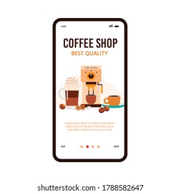 Coffee shop app banner with coffee machine pouring hot drink in cup. Flat onboarding poster of cafe beverages and spice ingredients, vector illustration of phone screen.