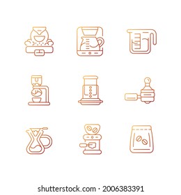 Coffee shop appliance gradient linear vector icons set. Professional roaster for processing beans. Espresso making. Thin line contour symbols bundle. Isolated vector outline illustrations collection