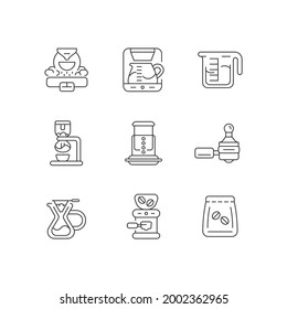 Coffee shop appliance linear icons set. Professional roaster for processing beans. Espresso making. Customizable thin line contour symbols. Isolated vector outline illustrations. Editable stroke
