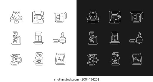 Coffee shop appliance linear icons set for dark and light mode. Espresso machine for cafe. Espresso making. Customizable thin line symbols. Isolated vector outline illustrations. Editable stroke