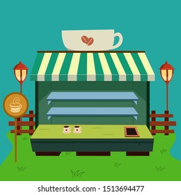 Coffee shop art design illustration. Eps 8 compatible. Coffee stand retail cartoon style. no gradient. no transparency - Vector