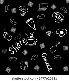 Coffee Shop Art Vector doodle or Coffee Shop Pattern Concept With Modern Black and White Colour, Can used for clothes textile motif, or wallpaper art. Talk, Share, and stay conected at Coffee Shop.