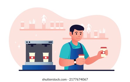 Coffee shop attendant. Man with two hot drinks in hands next to coffee machine. Barista or waiter in cafe or restaurant. Delicious and tasty drinks, beverage. Cartoon flat vector illustration